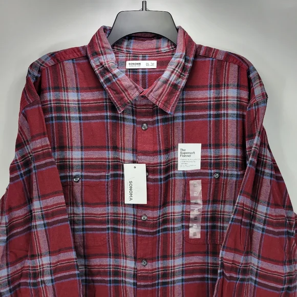 Sonoma Supersoft Flannel Long Sleeve Button Front Shirt Mens 3XL Tall Red Blue - Picture 3 of 8